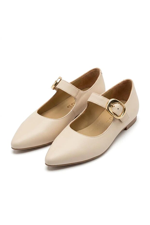 2511501Y Women's Genuine Leather Pointed Toe Buckle Ballerinas