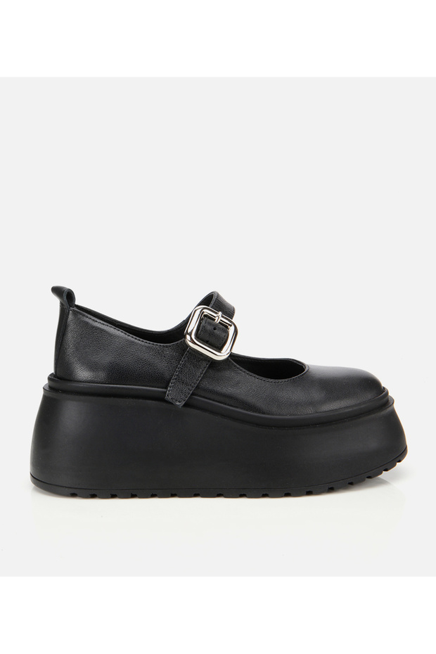 Women's Leather Black Wedge Heeled Buckle Ballerinas