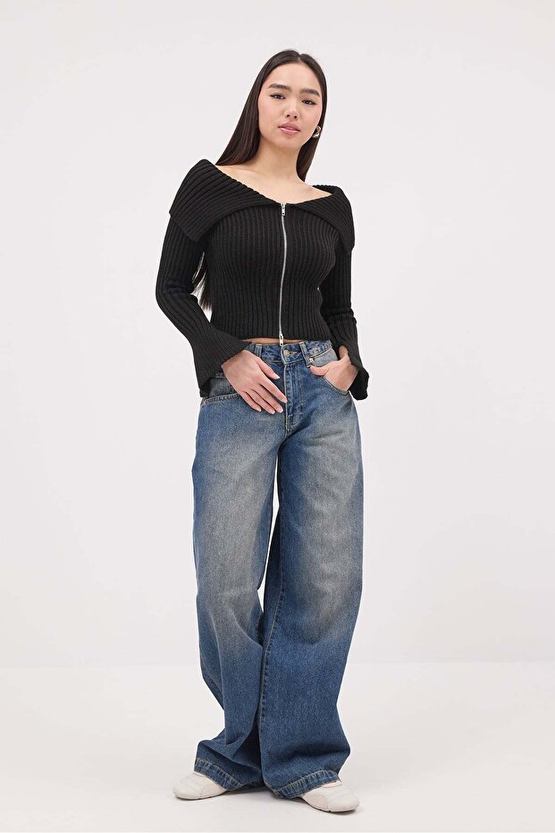 Boat Neck Zippered Knitwear Cardigan H1427