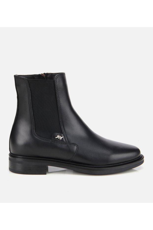 Women's Leather Black Rubber Detailed Ankle Flat Boots