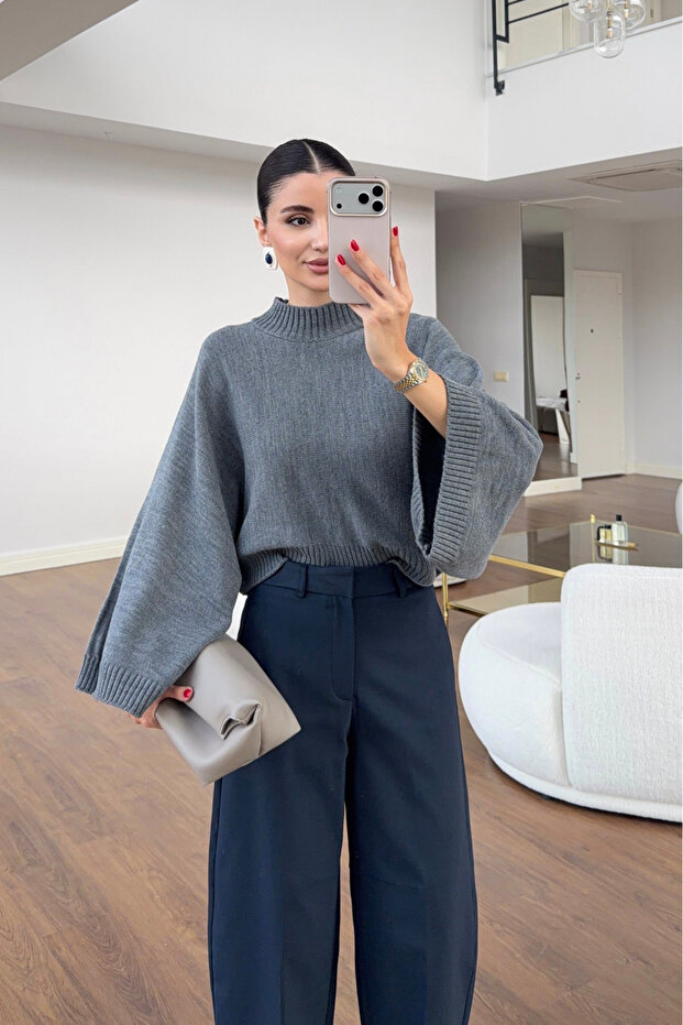 Anthracite Bat Sleeve Crop Sweater - 24136