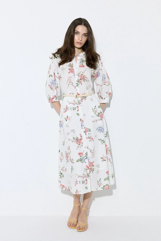 Floral Patterned Knitted Belted Cotton Dress - White