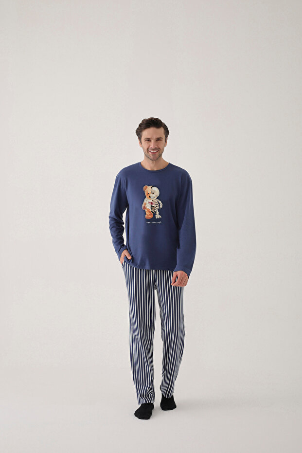 Men's Cotton Long Sleeve Top Astronaut Printed Lower Stripe Pajamas Set