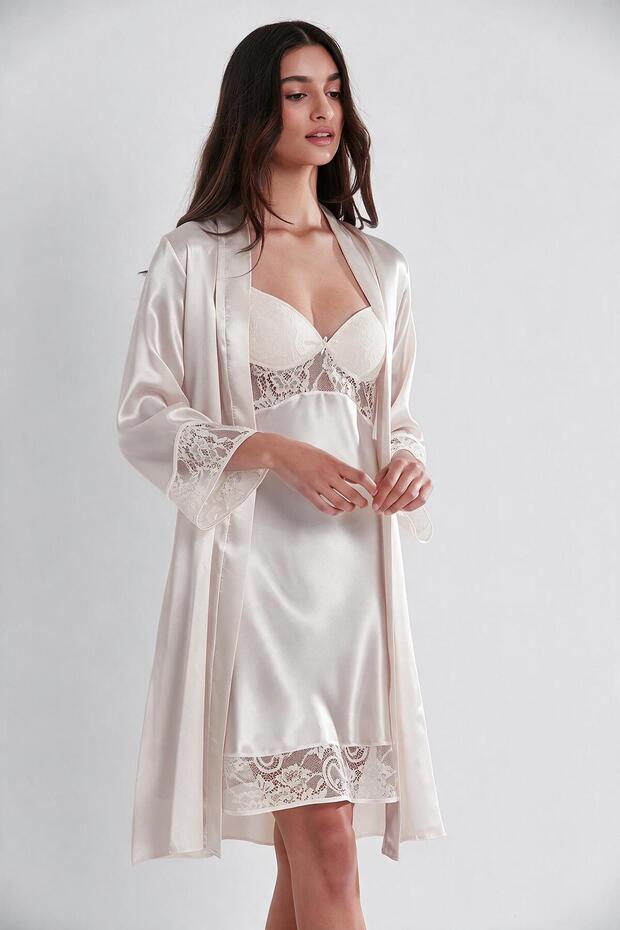 Satin Lace Women's Nightgown and Dressing Gown Set - 4075 İnci
