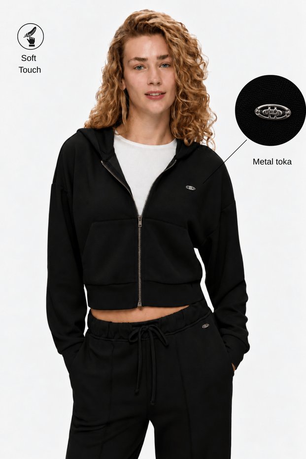 Reem Black Full Zip Soft Textured Modal Fabric Loose Fit Women's Sweatshirt