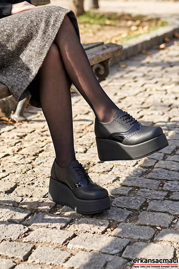 Beira Black Patent Leather Round Toe Lace-Up Wedge Heeled Casual Shoes