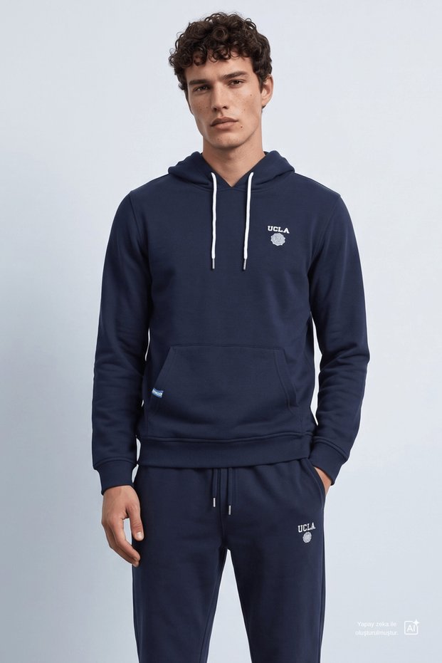 Nevada Navy Blue Hooded Printed Standard Fit Men's Sweatshirt