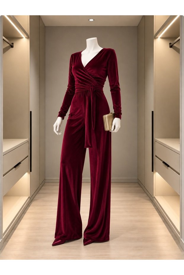 Stretchy Velvet Fabric Double Breasted Neckline Belted Long Evening Dress Jumpsuit 58618 Burgundy