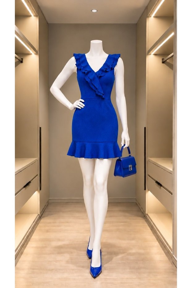 Thick Strap Neckline and Skirt Ruffles Glitter Crepe Dress Cobalt 581310