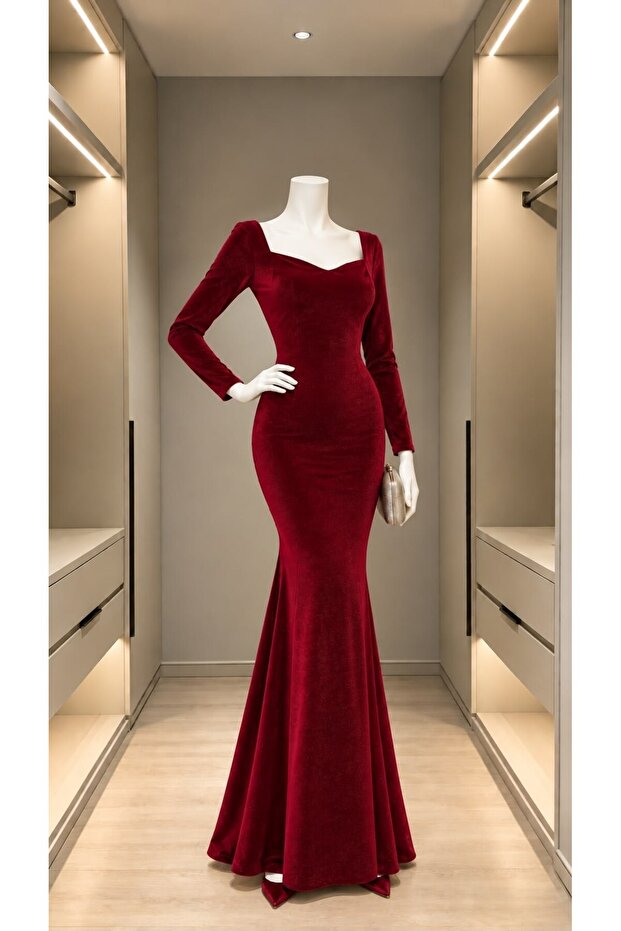 Flexible Fabric Glitter Velvet Fish Tail Detailed Evening Dress 582266 Red