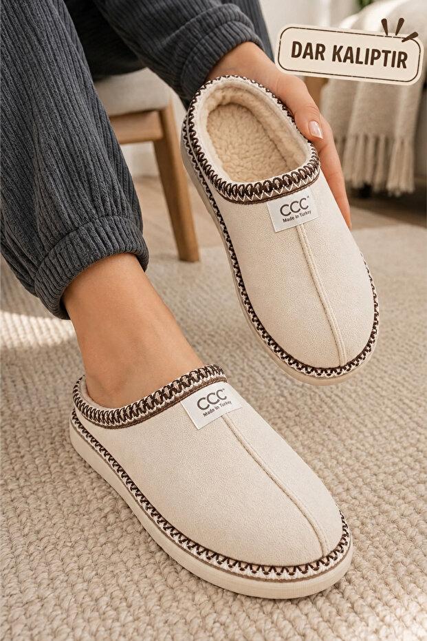 Women'S, Suede Textured, Fur Lined, Embroidery Detailed, Warm, Soft Sole House Slippers