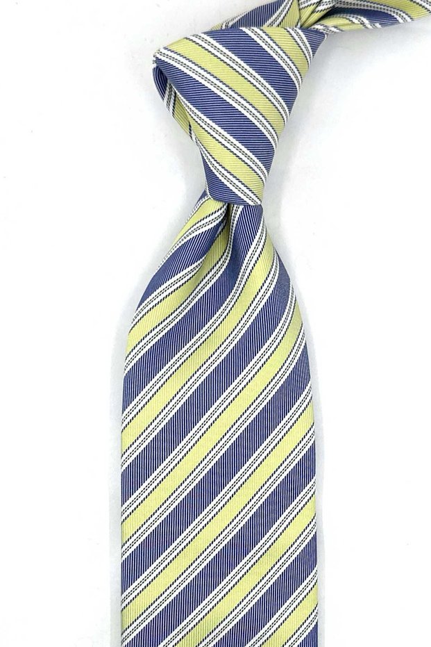Green Navy Blue Line Pattern Italian Silk Tie Ik2630