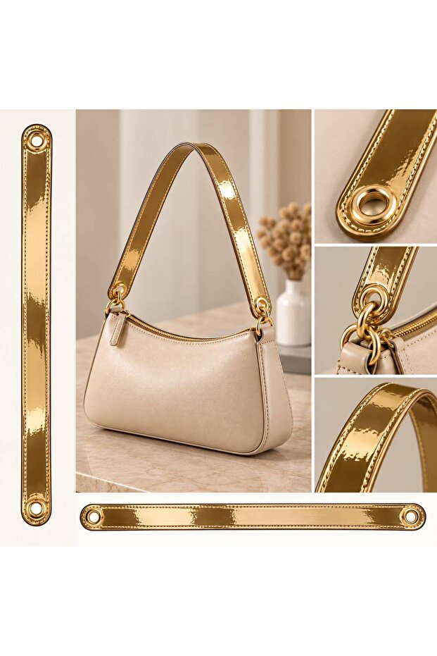 Light Gold Shiny Metallic Patent Leather Bag Handle – Gold Bird's Eye Detailed Bag Strap (2.5 cm X 58 cm)