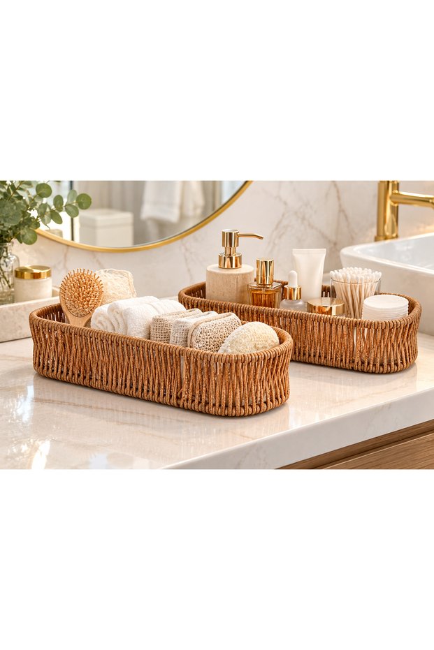 2 Decorative Wicker Organizer Baskets – Multi-Purpose Kitchen, Bathroom, and Desktop Organizer