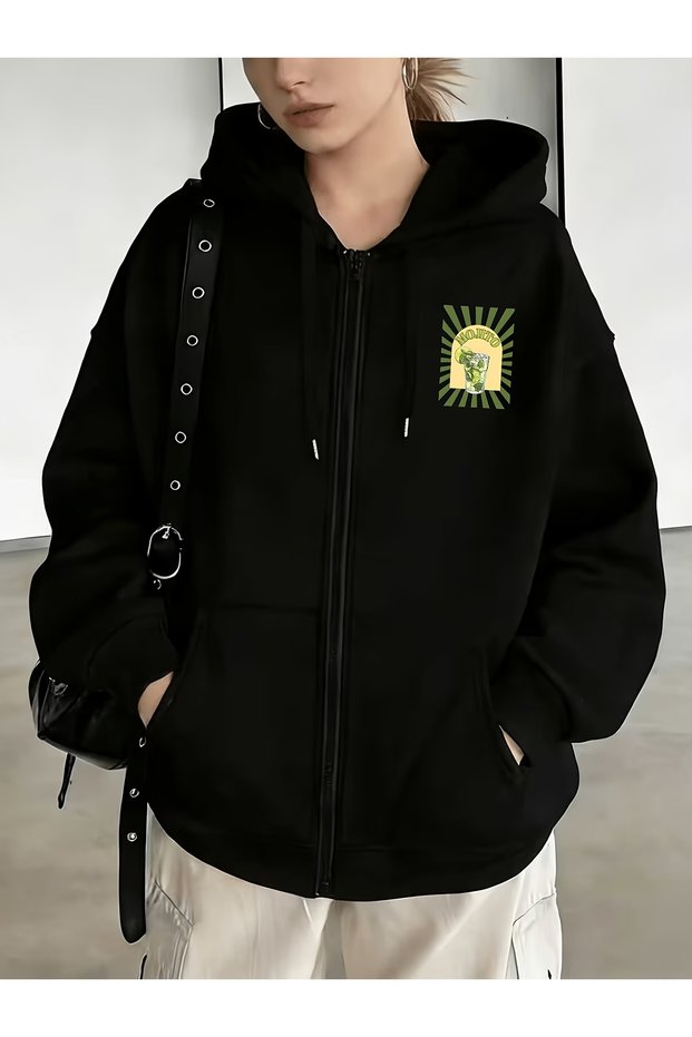 Unisex Black Mojito Printed Zippered Sweatshirt Printed Premium Oversize T-Shirt