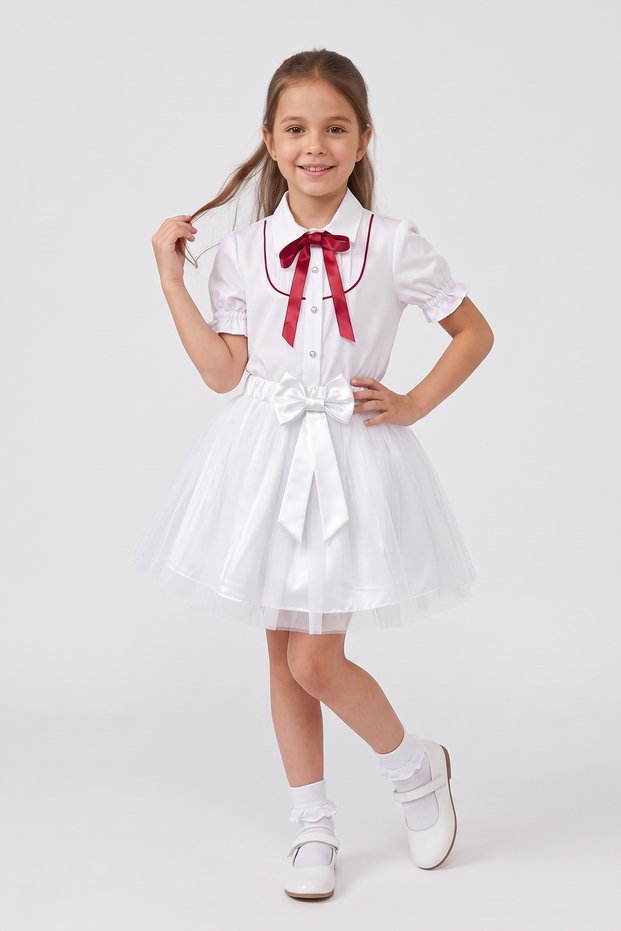 Girl's Red Bowknot Red Piping Short Sleeve Shirt White Tutu Skirt October 29Th April 23Rd Performance Outfit