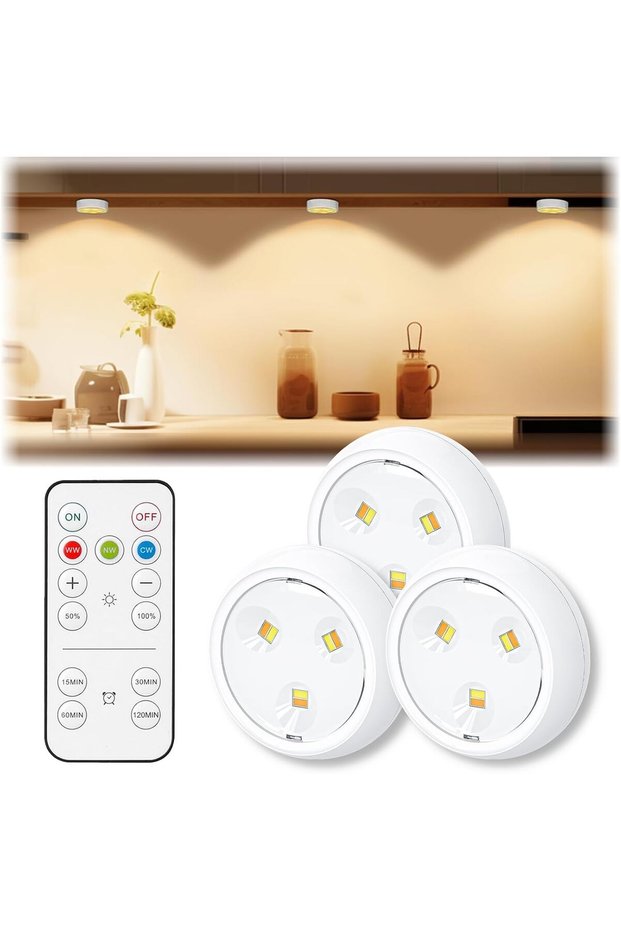 أضواء LED صغيرة مع جهاز تحكم عن بعد، إضاءة بثلاثة ألوان، تعمل بالبطارية، إضاءة تحت الخزانة، قابلة للتعتيم