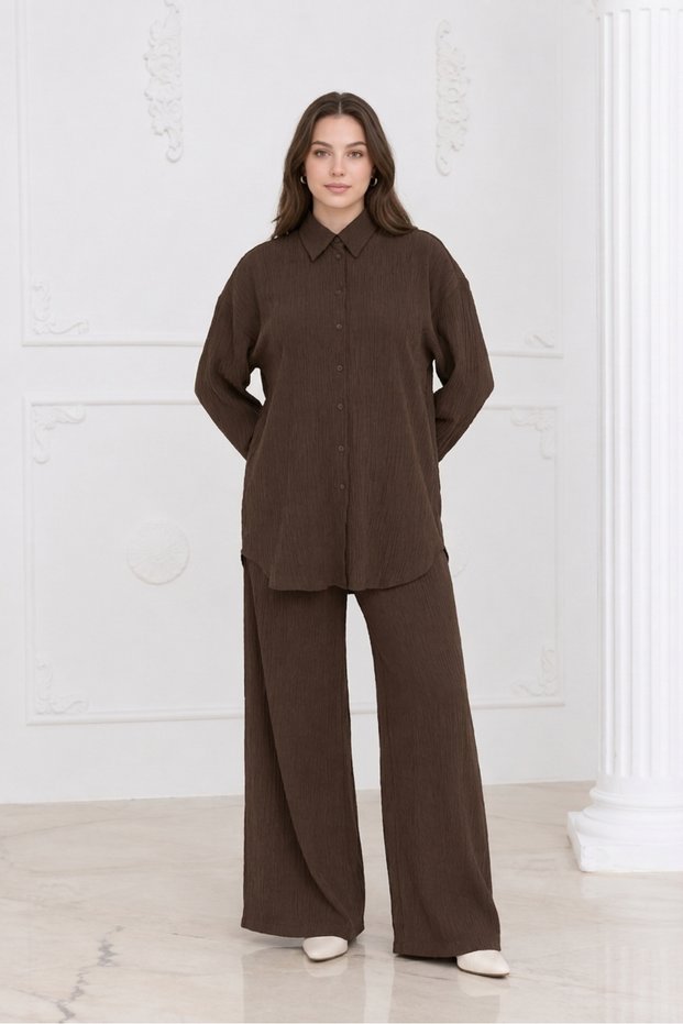 Women's Brown Shirt and Pants Two-Piece Set