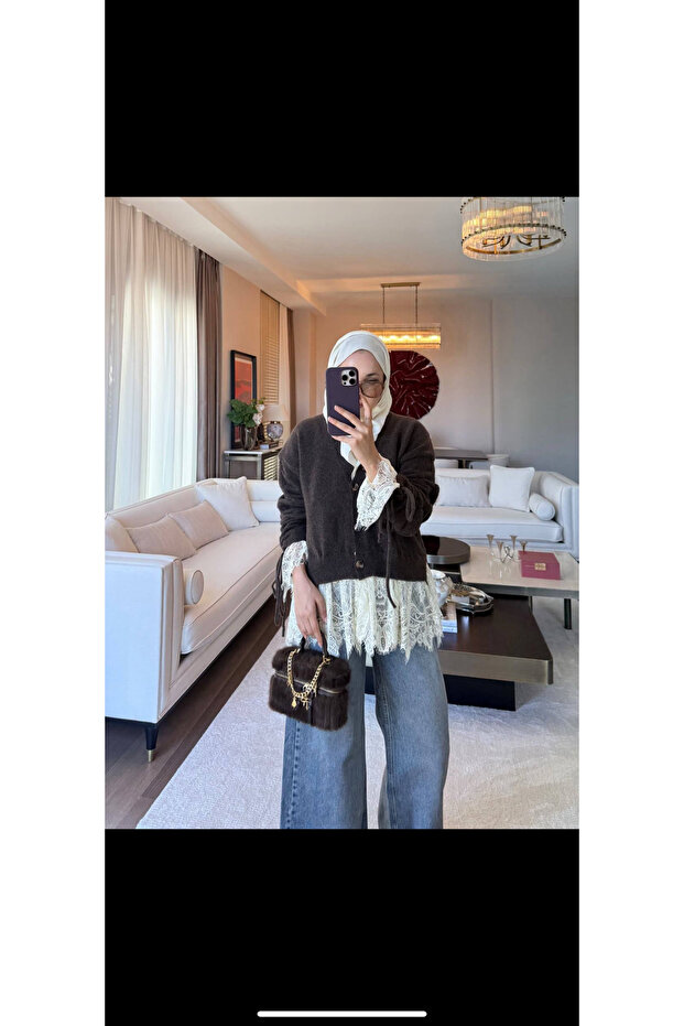 Romantic Lace Detailed Oversized Knitwear Cardigan
