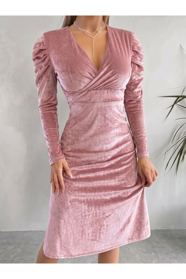 Women's Double-Breasted Collar Velvet Dress with Belt Detail