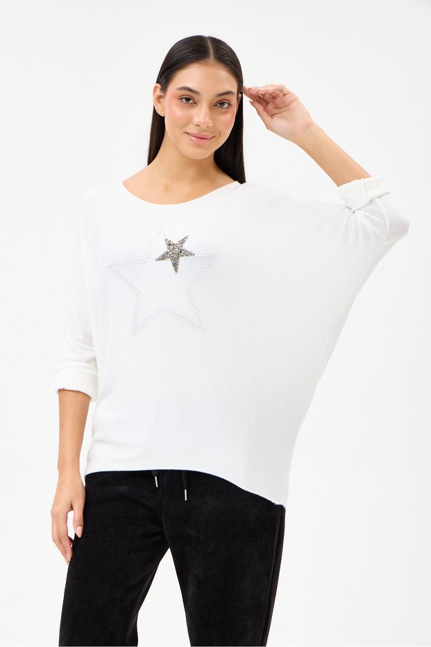 Women's White Italian Star Patterned Bat Sleeve Oversize Lycra Knitwear Sweater Size 40 - 48