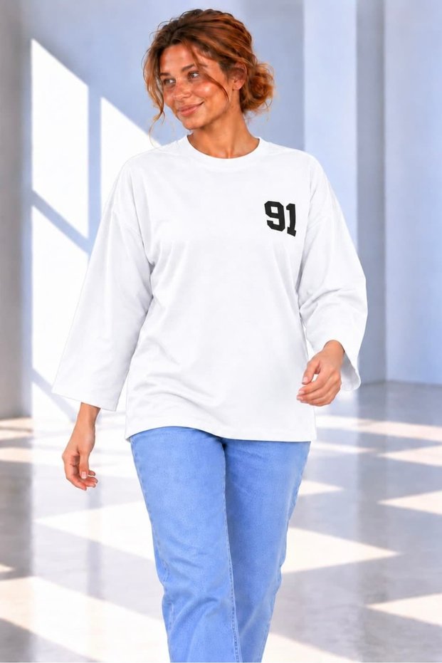 Women's 91 Printed Oversize Crew Neck Long Sleeve Sweatshirt My3535