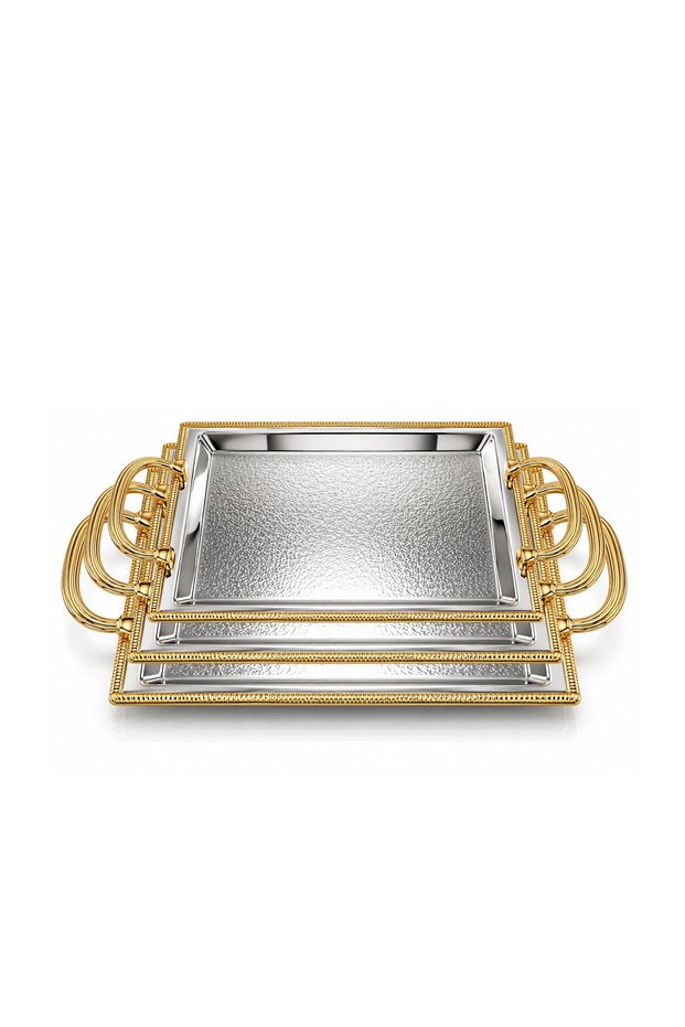 Tobekal Nickel Rectangular 3-Piece Bowl Set - Silver Gold