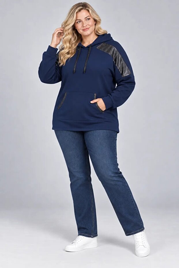 Women's Plus Size Black Hooded Contrast Trim Kangaroo Pocket Sweatshirt Hzl28S-Rzb208