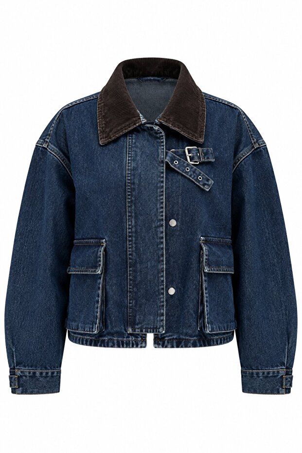 Navy Blue Belted Collared Crop Denim Jacket - 1114