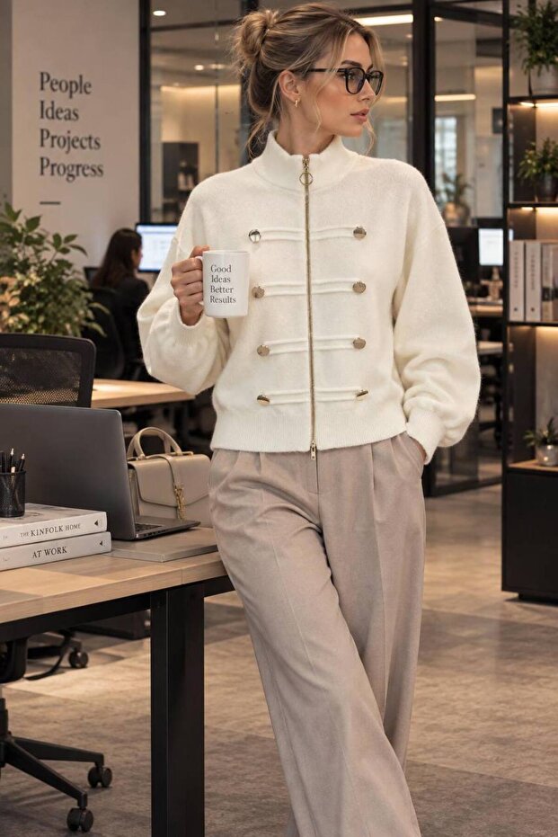 Women's Stand Collar Zippered Gold Button Detailed Knitwear Cardigan Jacket