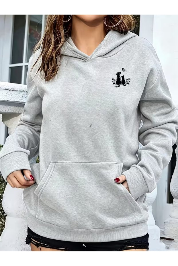 Women's Dog and Cat Double-Sided Printed Premium Hooded 2-Yarn Oversize Sweatshirt