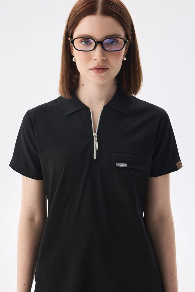 Polo Collar Single Top Black Women's Medical Uniform Scrubs