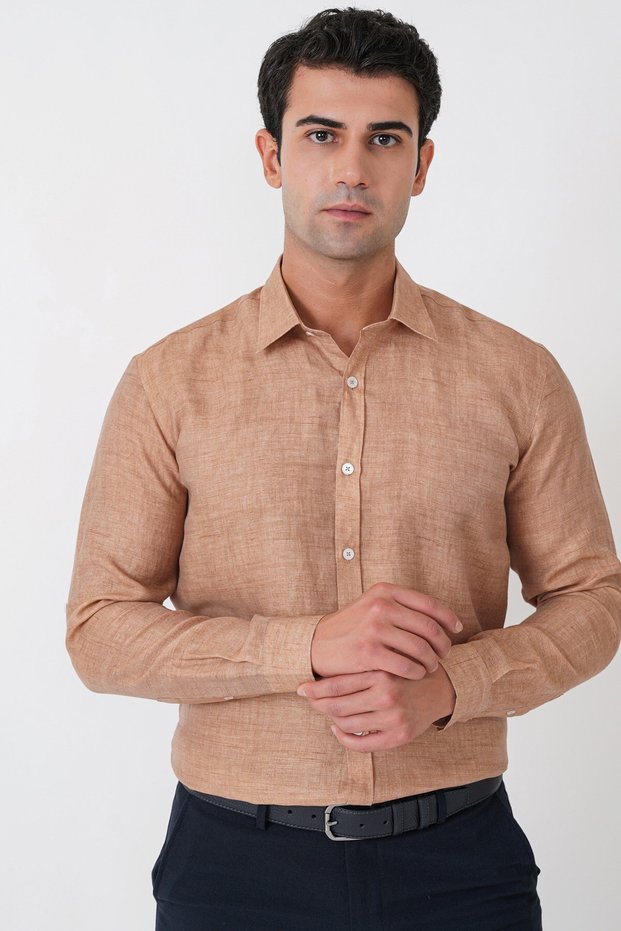 Comfort Fit Sport Collar Foldable Caramel Linen Shirt g 1612