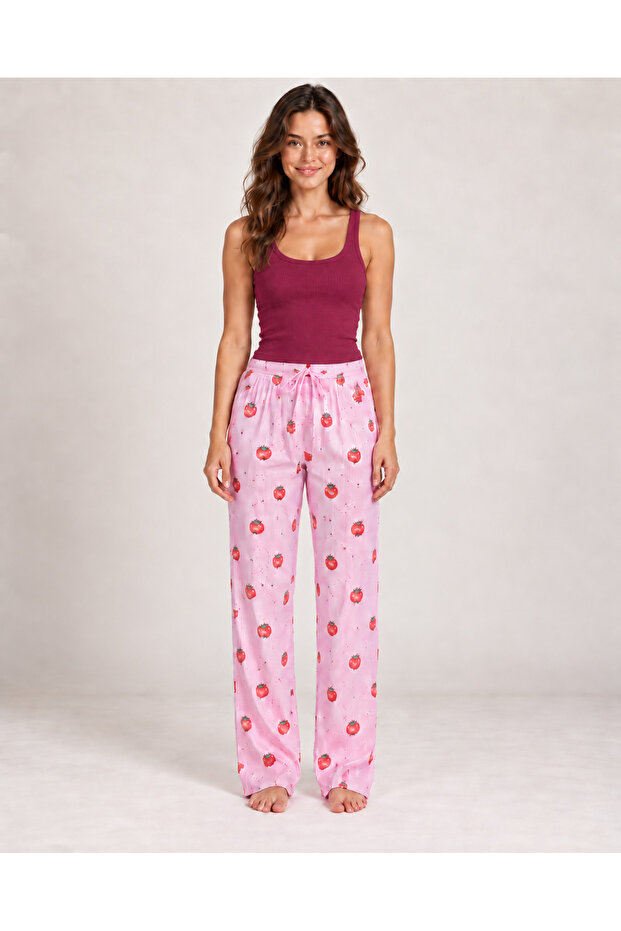Women's Striped Blouse Patterned Strappy Burgundy Pajama Set