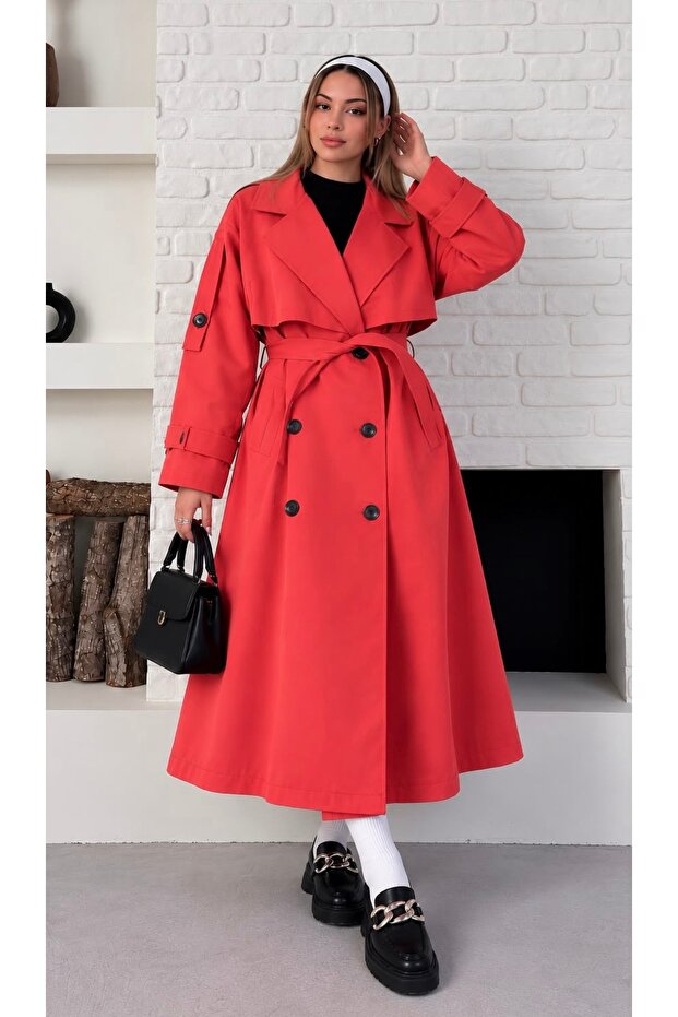 Women's Red Trench Coat Long Belted New Season Stylish and Modern Outerwear