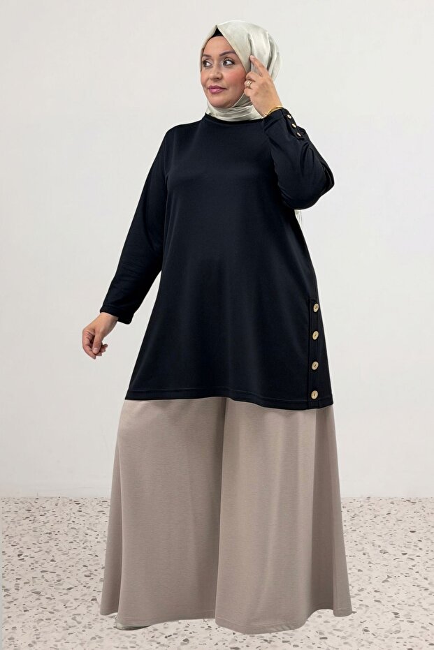68100 Plus Size Modal Tunic with Button Detail on Sides and Sleeves - Black