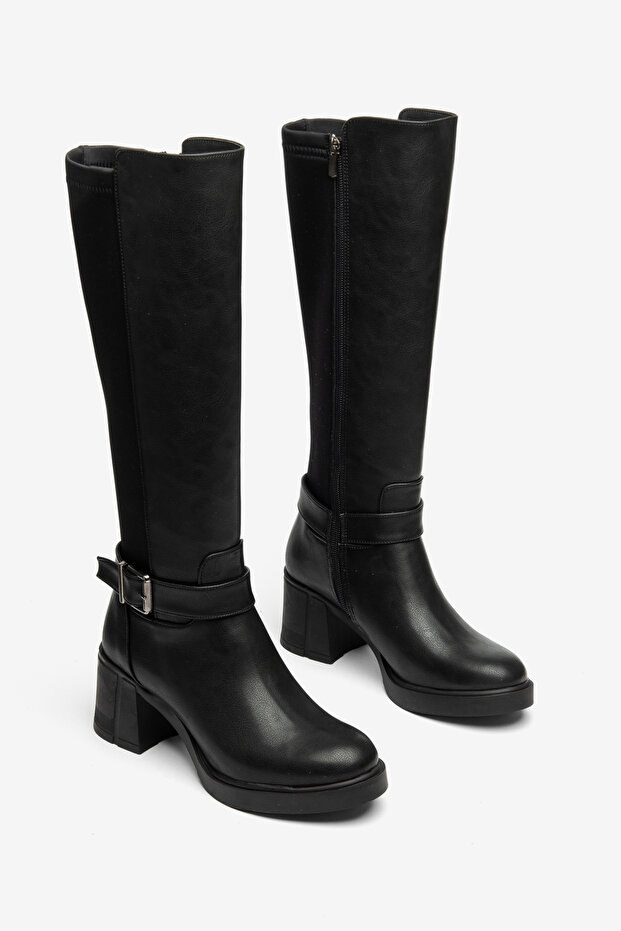 Women's Black Leather Diving Fabric Ankle Buckle Detailed Non-Slip Block Heel Below the Knee Boots - Super Flexible