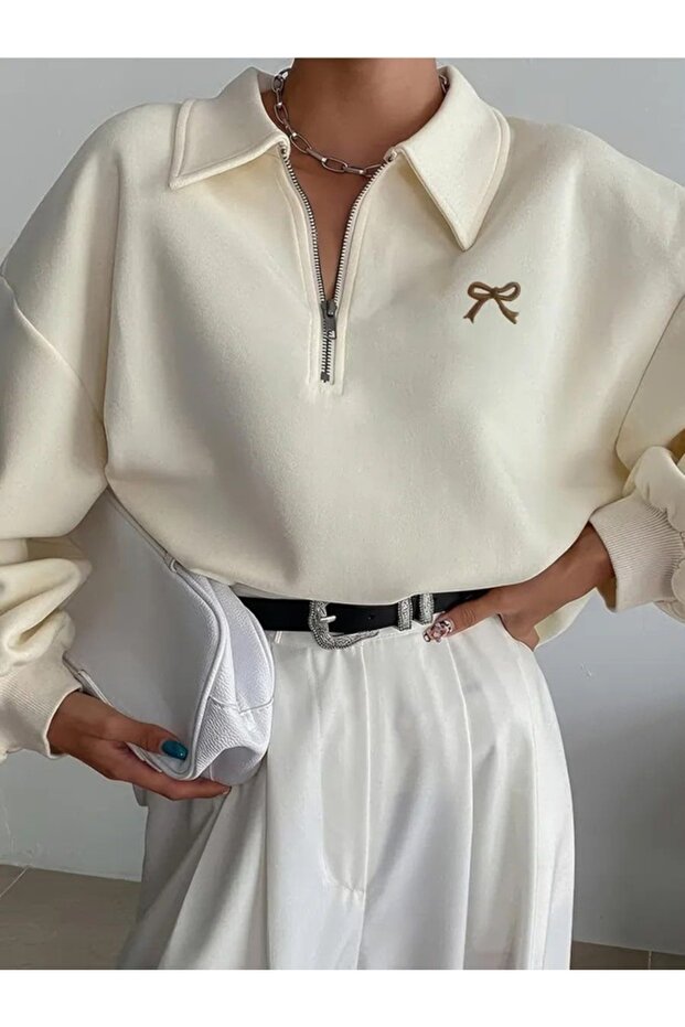 Women's Polo Collar Zippered Bow Printed Oversize Sweatshirt