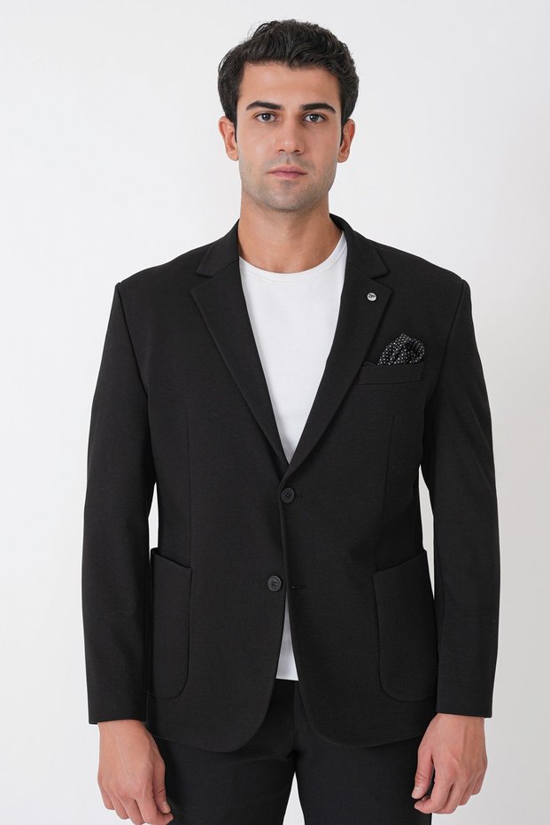 Slim Fit Pocket Pocket Flexible Tencel Fabric Black Jacket C 751