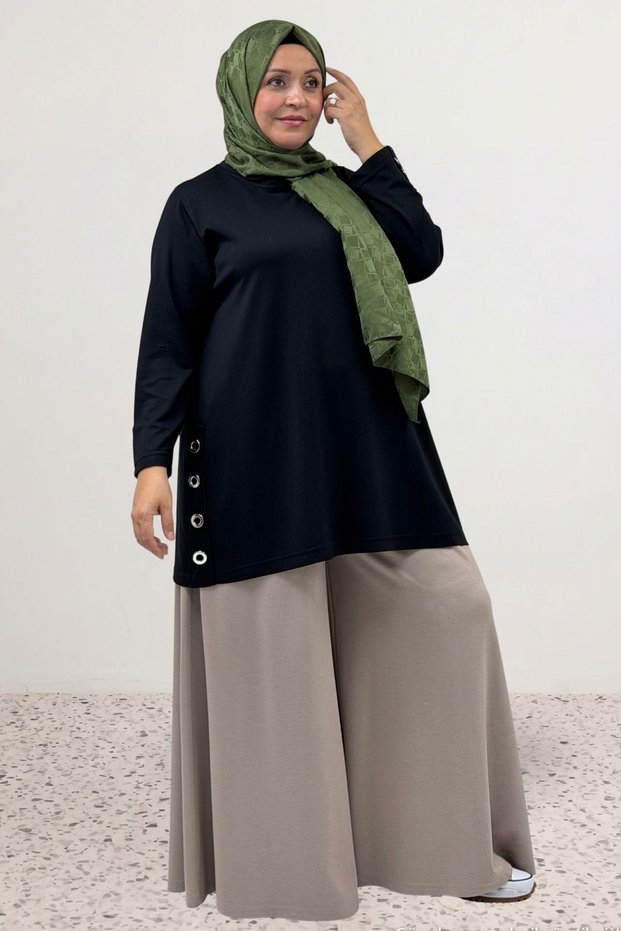 68107 Plus Size Modal Tunic with Eyelet Detail on Sleeves and Sides - Black