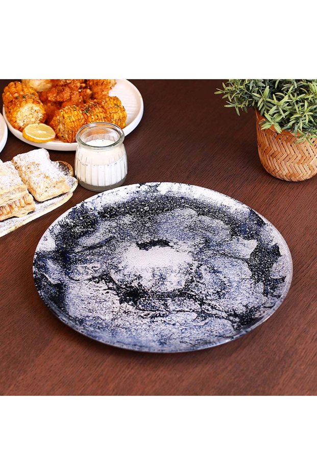 Blue Glass Serving Plate with Navy Pattern