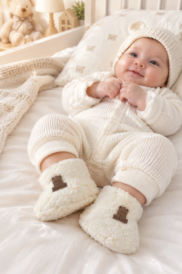 Light Brown Soft Welsoft Inside Slippers Booties Baby Booties First Step, Non-Slip Sole Slippers