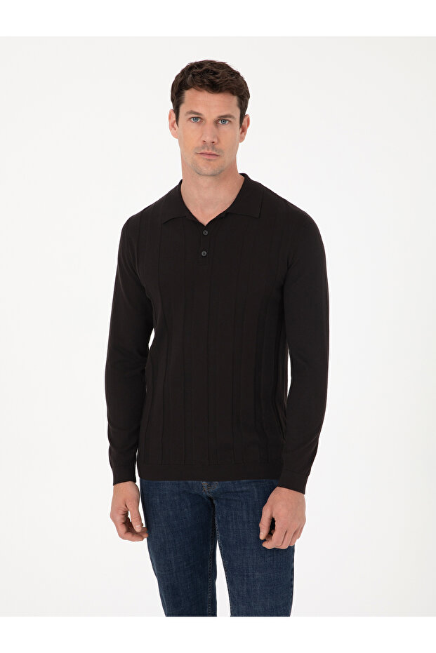 Black Slim Fit Cotton Blend Polo Collar Knit Sweater 50318949-Vr046