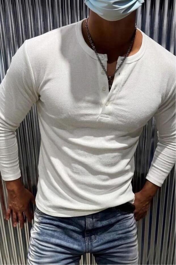 Zex Men's Waffle Textured Buttoned Judge/Henley Collar Basic Long Sleeve Top