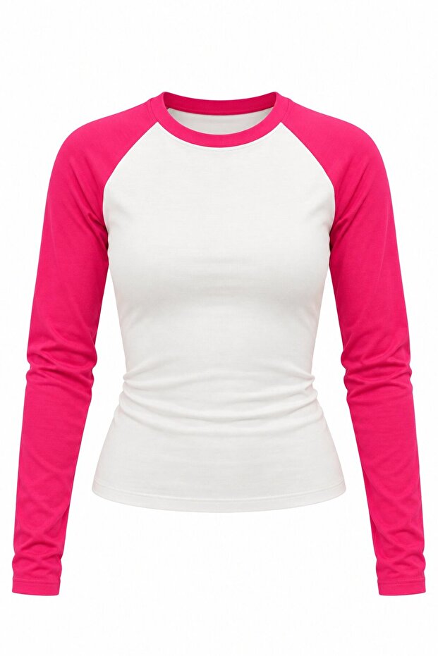 Pink Slim Fit Contrast Long Sleeve Blouse - 5219