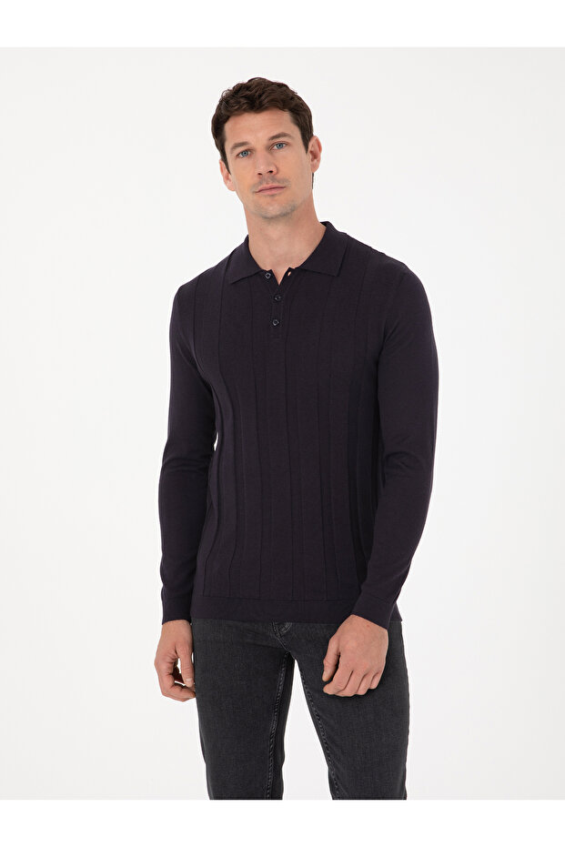 Navy Blue Slim Fit Cotton Blend Polo Collar Knit Sweater 50318949-Vr033