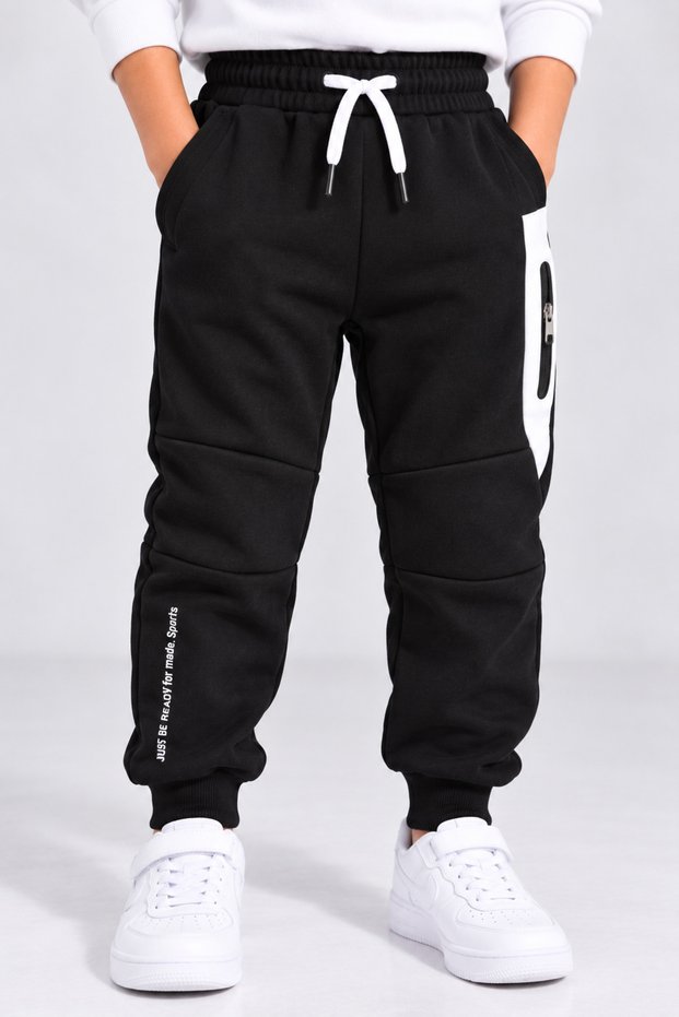 Boys' Black Bottomed Tracksuit – Zipper Pocket Detail, Lace-Up, Comfortable Fit