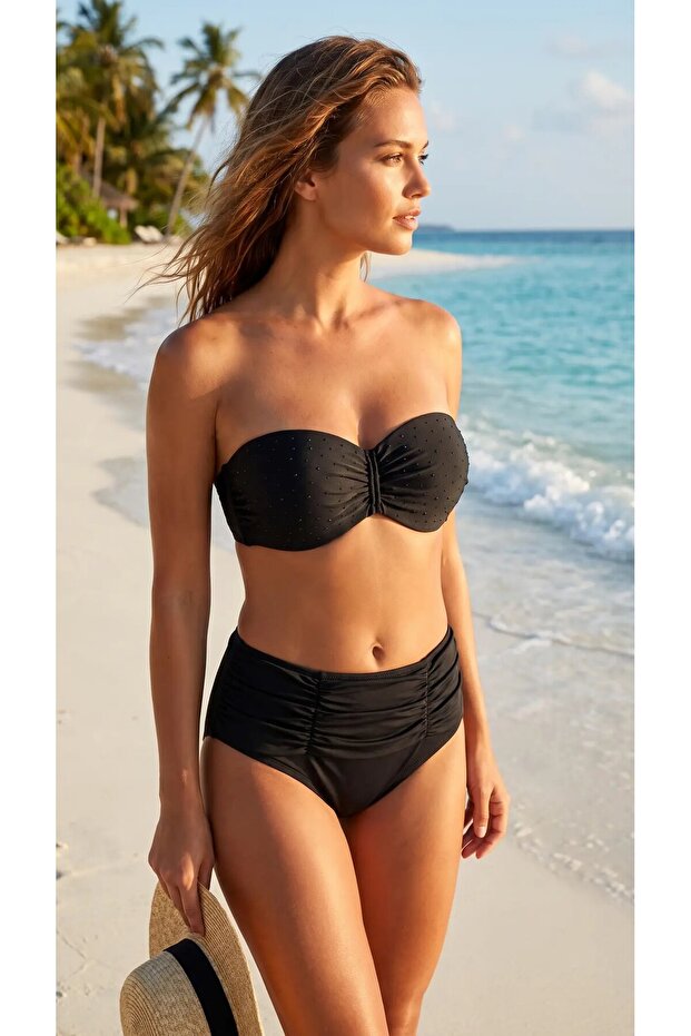 Women's Black Stone Embroidered Lined Plus Size Bikini Set Hzl25S-Lc02