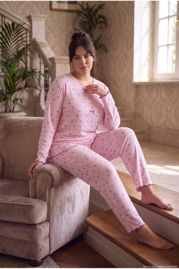 Ribbed Camisole Fabric Long Sleeve Plus Size Women's Pajama Set 2990