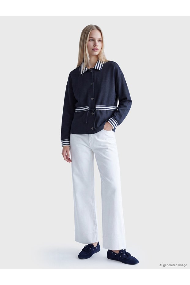 Two Mt Shop Quality Natuvera Navy Blue Striped Loose & Baggy Women's Jacket